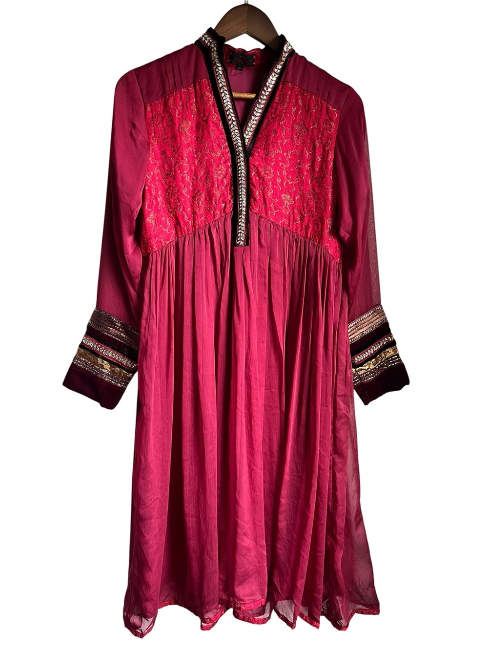 Long Sleeve Embroidered Midi Dress in Deep Pink